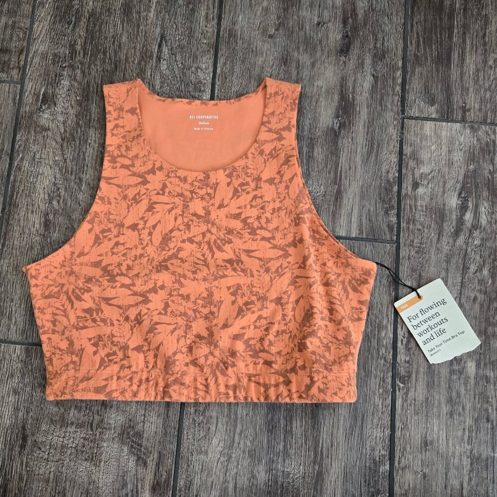 NWT REI Cooperative Take Your Time Bra Top Medium Trail Leaves Fresh Terracotta